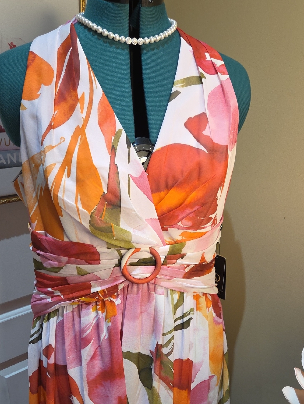 Nwt 14 $ 199 Adrianna Papell Pink & Orange Floral Halter Maxi Dress - Picture 17 of 17